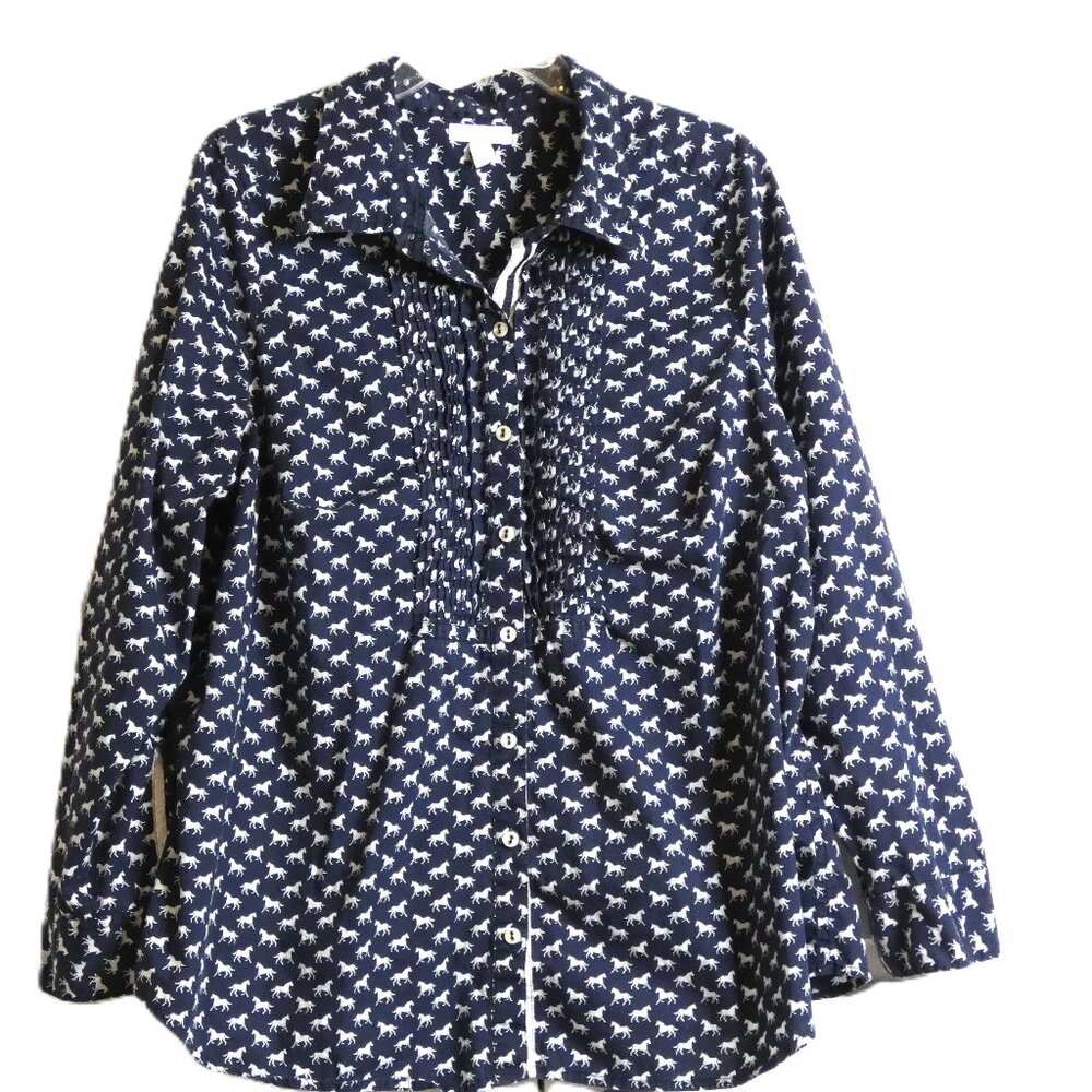 Blue Blouse Size 18W Charter Club Horses Smock Long Sleeve Pleats Equestrian
